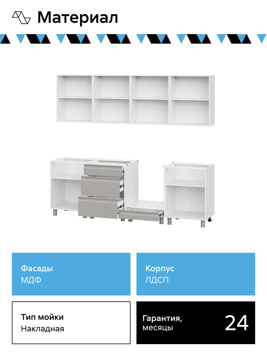 Кухонный гарнитур прямой Нонтон Брикон, 240 см, без столешницы, Белый / Пепельный беж